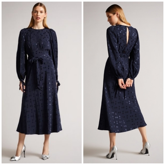 Ted Baker Livela Spot Jacquard Midi Dress, Navy Blue - Picture 1 of 9